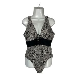 Bebe Leopard Swimsuit XL Black Belted Lace Up Plunging One Piece Bathing Suit